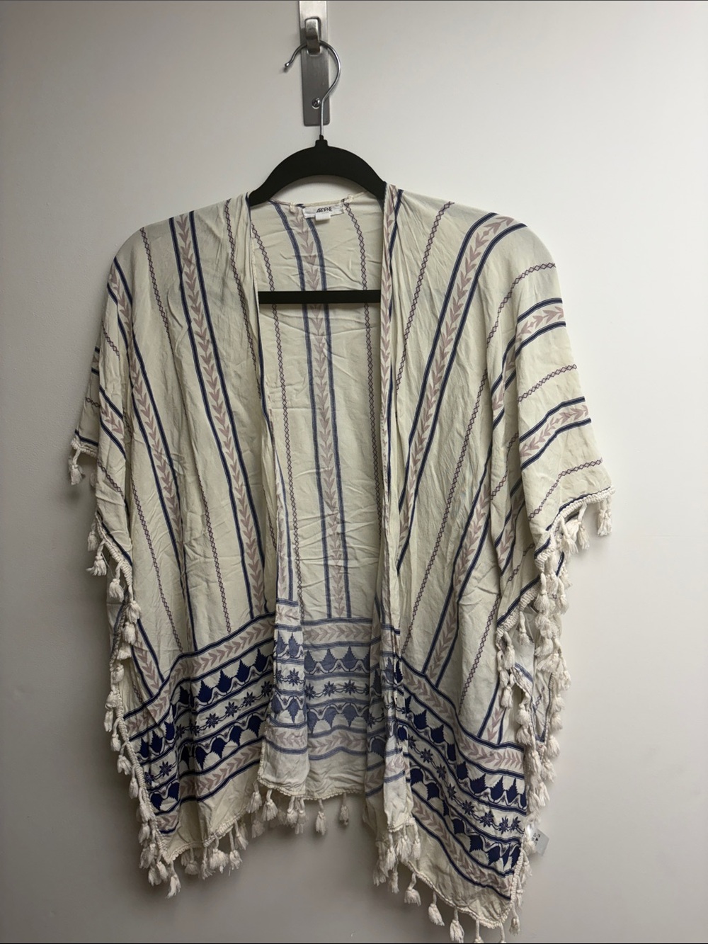 Ardene Cream & Blue Striped Tassel Kimono